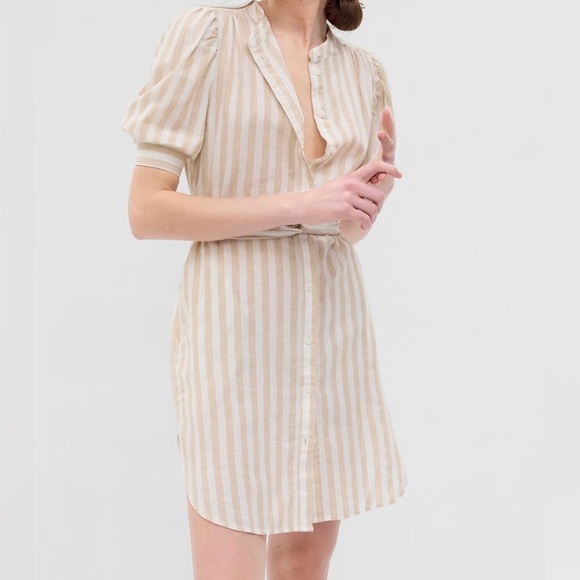 GAP Dresses & Skirts - New Gap Puff Sleeve Linen-Cotton Shirtdress in Khaki Tan/White Stripe Size Large